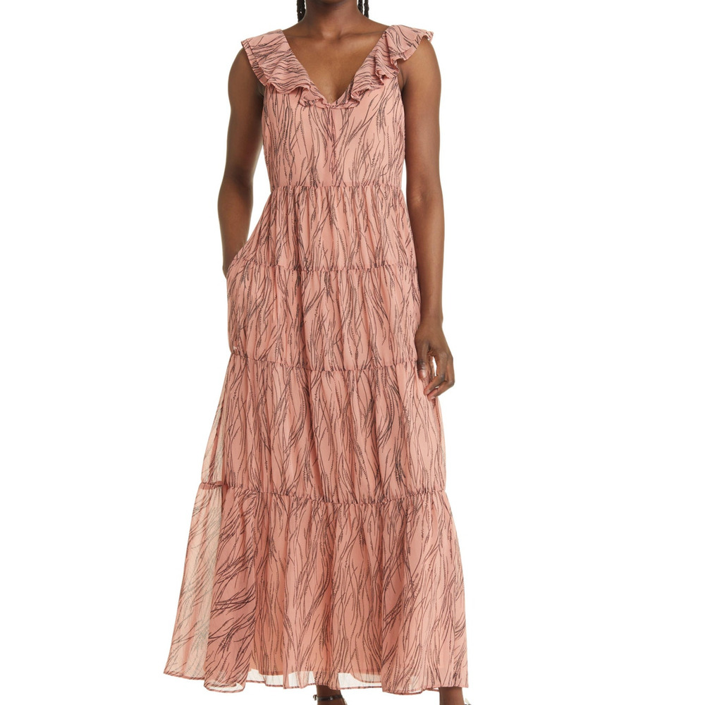 Chelsea28 Pink Ruffle V Neck Back Tiered Womens Maxi Dress Pockets New Small